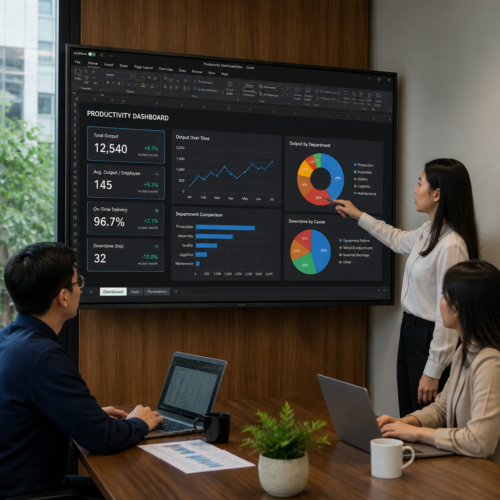 Giao diện Excel với biểu đồ và bảng tính, minh họa việc áp dụng mẹo Excel hiệu quả để tăng năng suất.