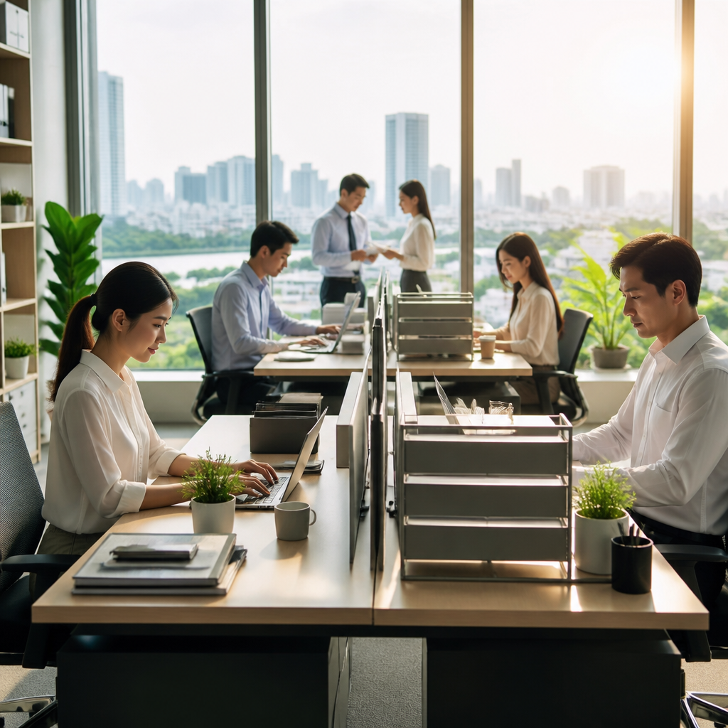 Người phụ nữ làm việc hiệu quả tại văn phòng với máy tính, minh họa việc tăng năng suất.